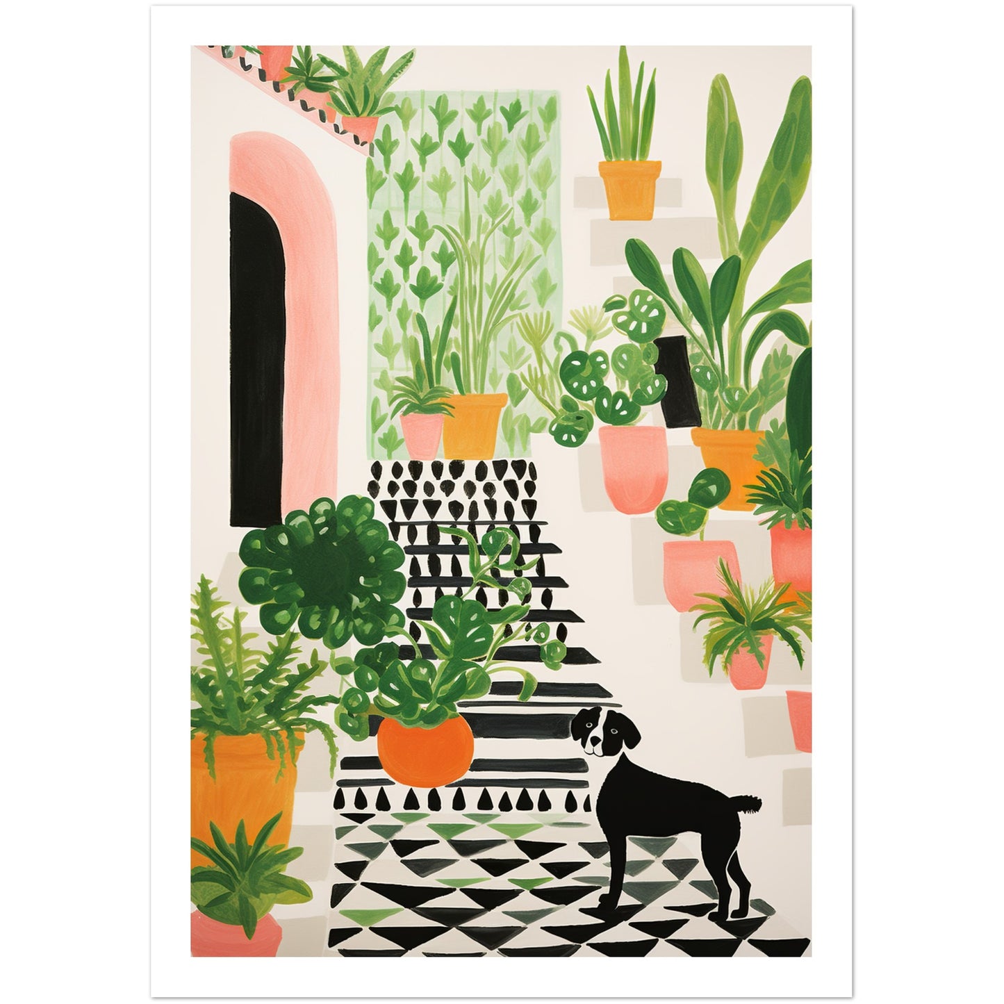 Whimsical Plants & Dog on Spanish Villa Stairs Wall Art Print