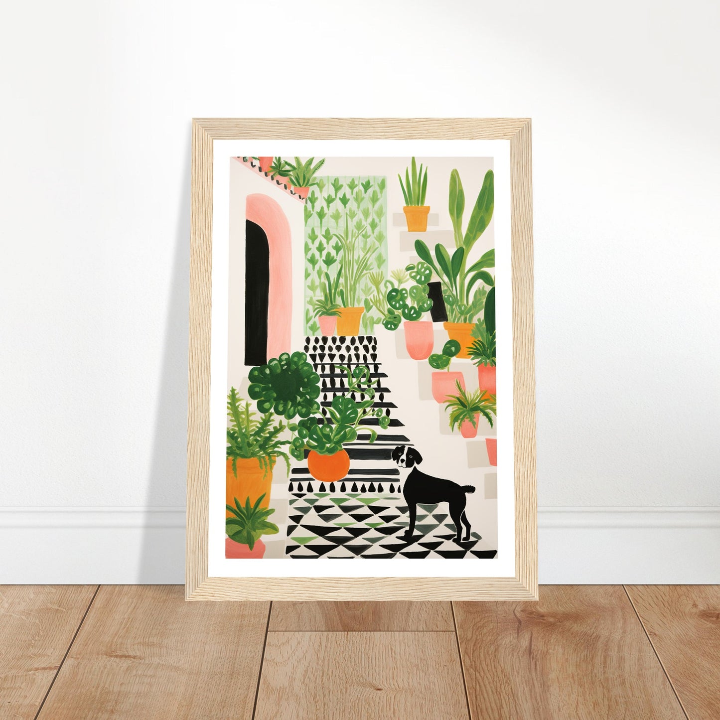 Whimsical Plants & Dog on Spanish Villa Stairs Wall Art Print