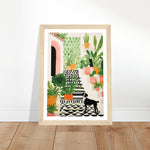 Load image into Gallery viewer, Whimsical Plants &amp; Dog on Spanish Villa Stairs Wall Art Print