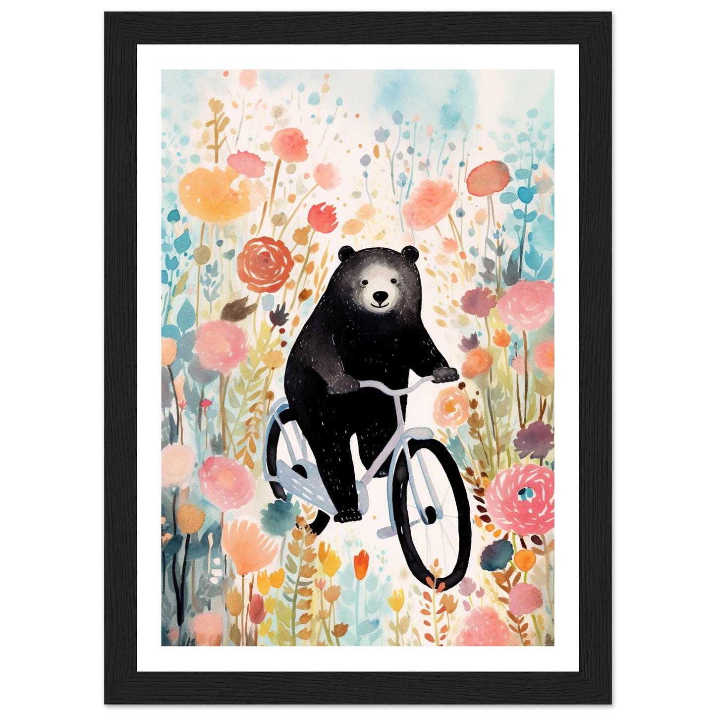 Folklore-Inspired Bear on Bike Floral Wall Art Print