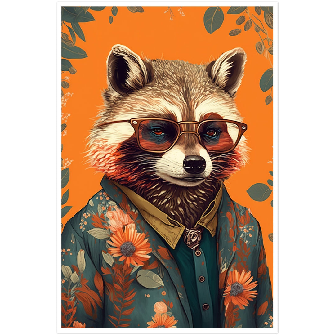 Floral Rascal Raccoon Illustration Wall Art Print