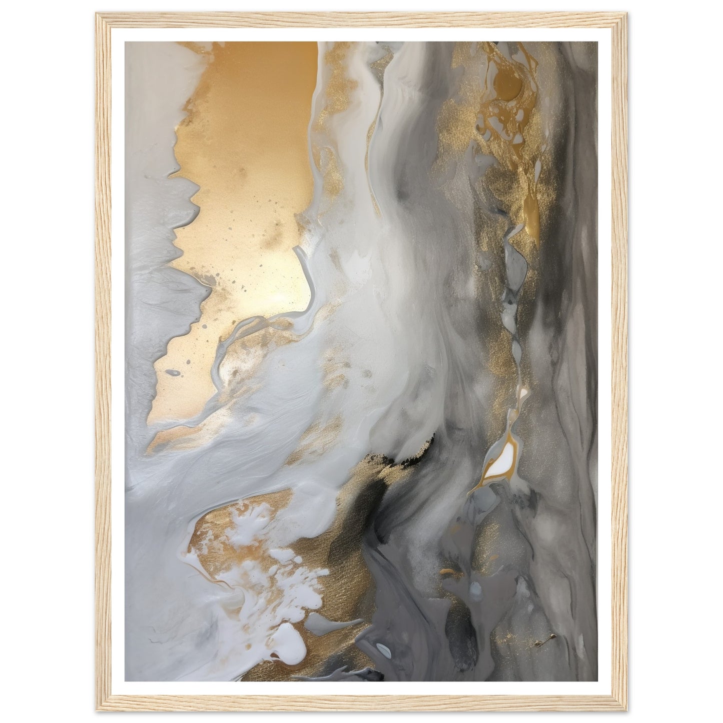 Fluid Melodies of Black, White, and Gold Abstract Wall Art Print