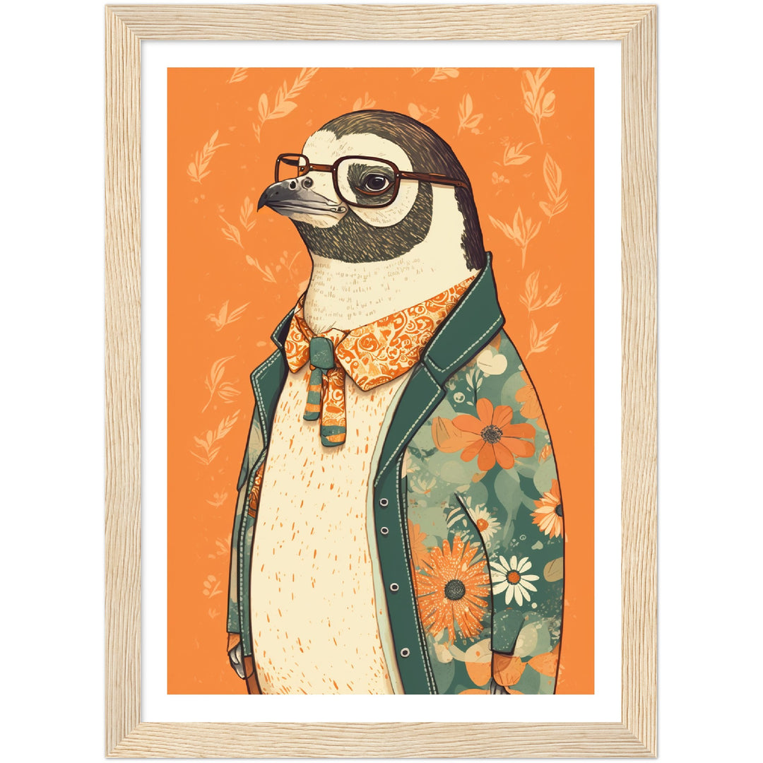 Penguin Chic Floral Jacket Illustration Wall Art Print