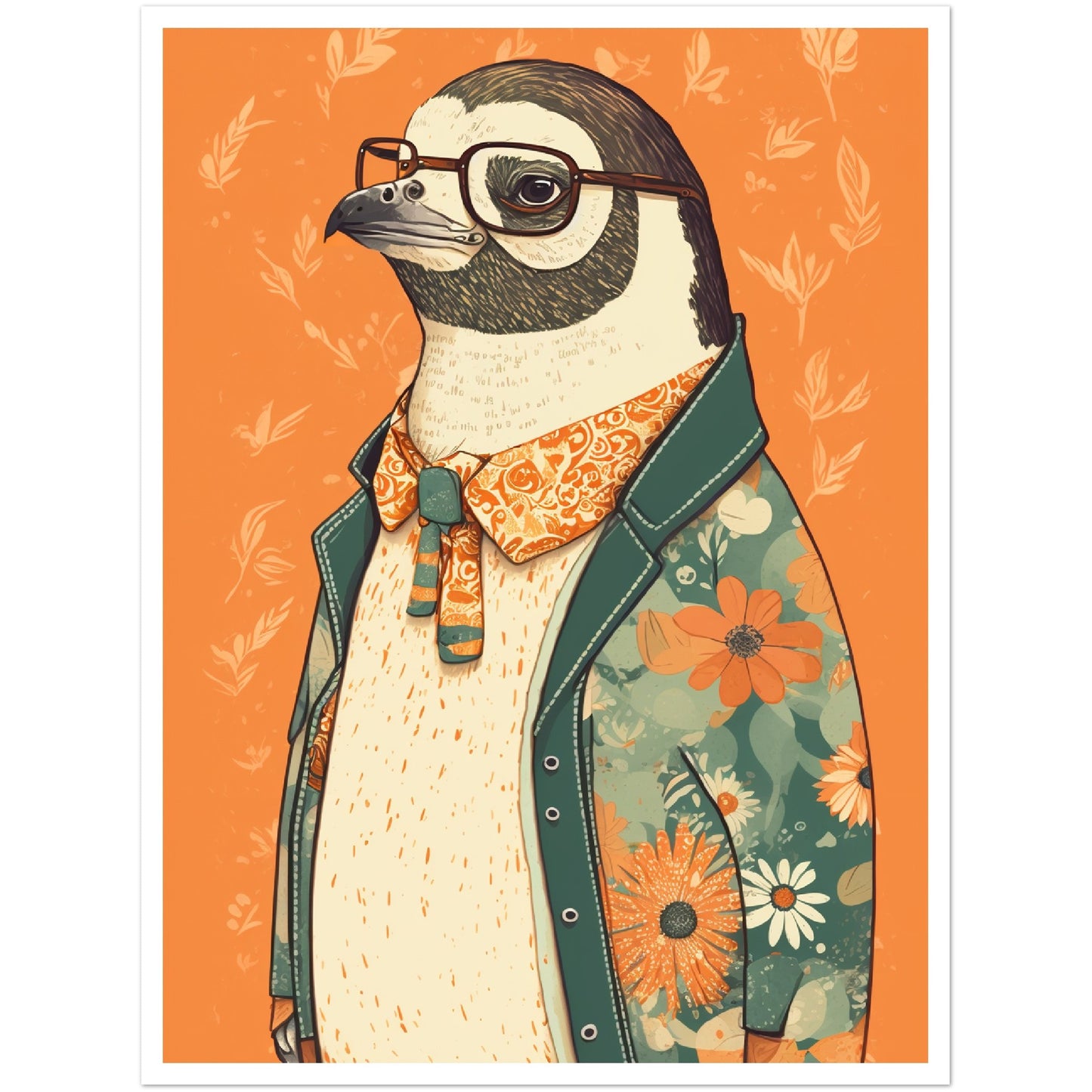 Penguin Chic Floral Jacket Illustration Wall Art Print