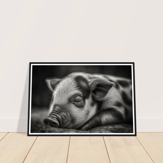 Black and White Sleeping Piglet Photograph Wall Art Print