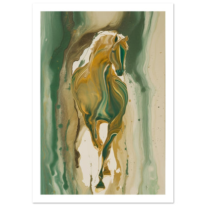 Golden Gallop - Fluid Green and Gold Horse Wall Art Print