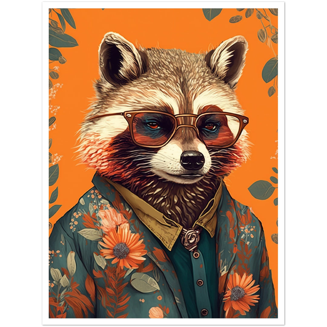 Floral Rascal Raccoon Illustration Wall Art Print