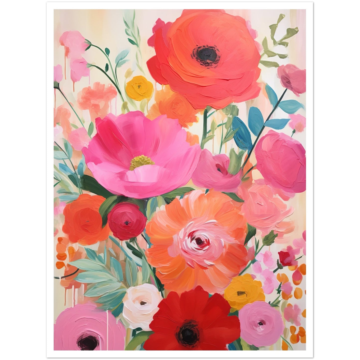 Joyful Blooming Abstract Flowers Painting Wall Art Print