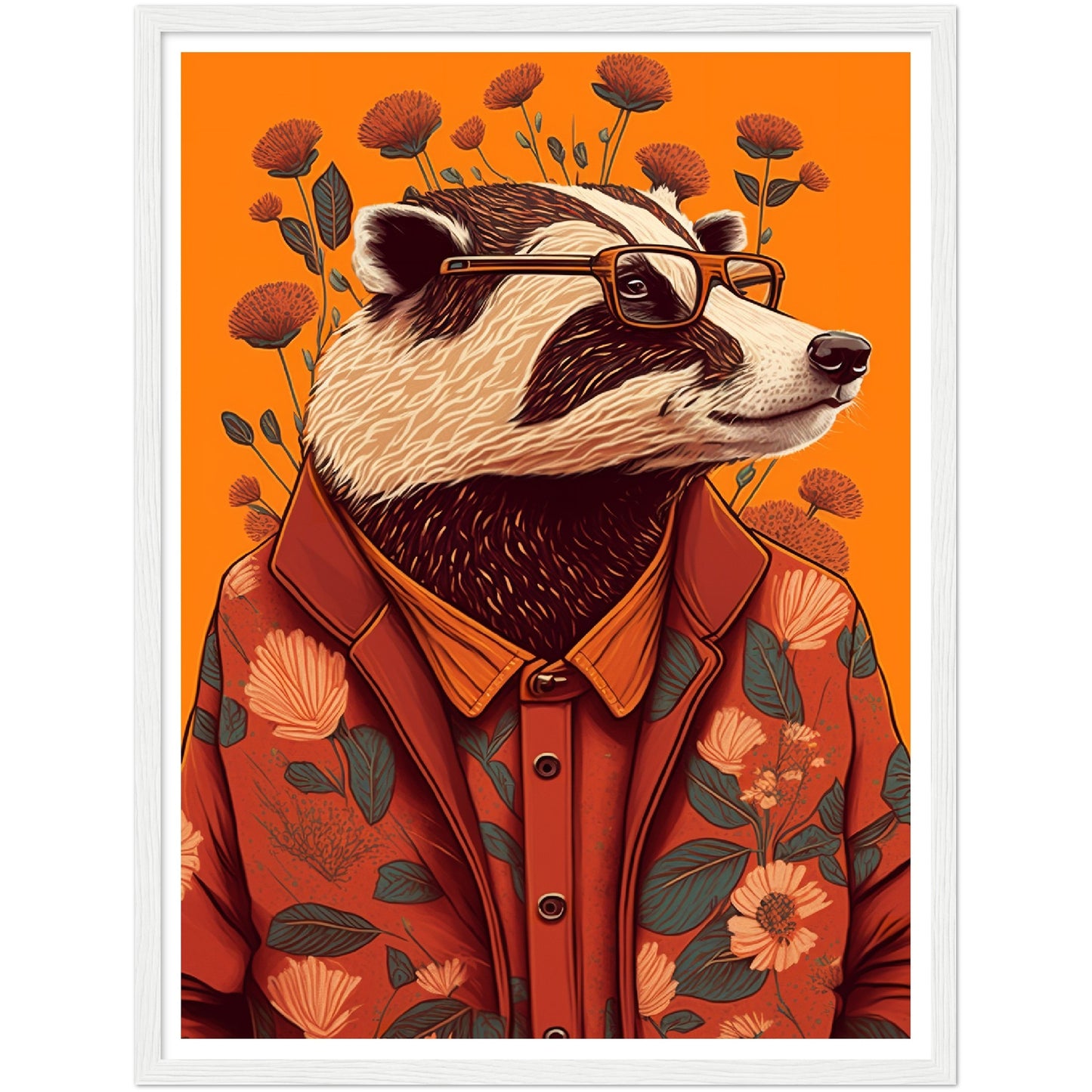 Charming Floral Badger Animal Portraiture Wall Art Print