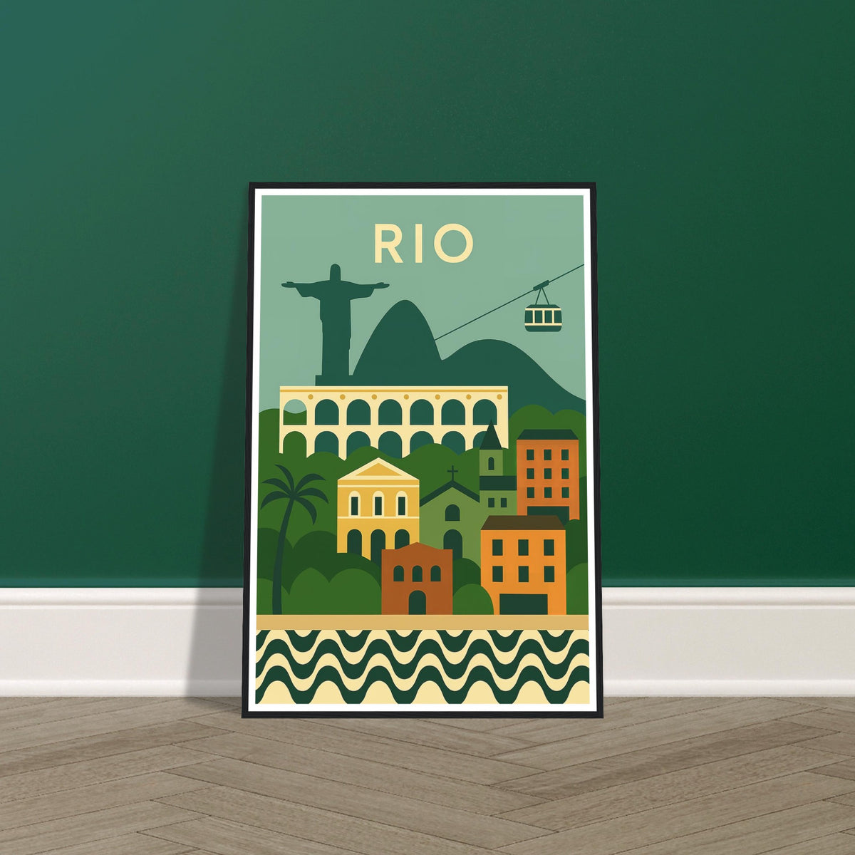 Rio de Janeiro cityscape and landmarks art print in a black wood frame, 60x90 cm