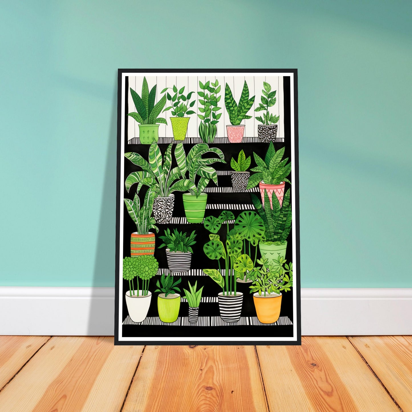 Folklore-Inspired Staircase and Potted Plants Wall Art Print