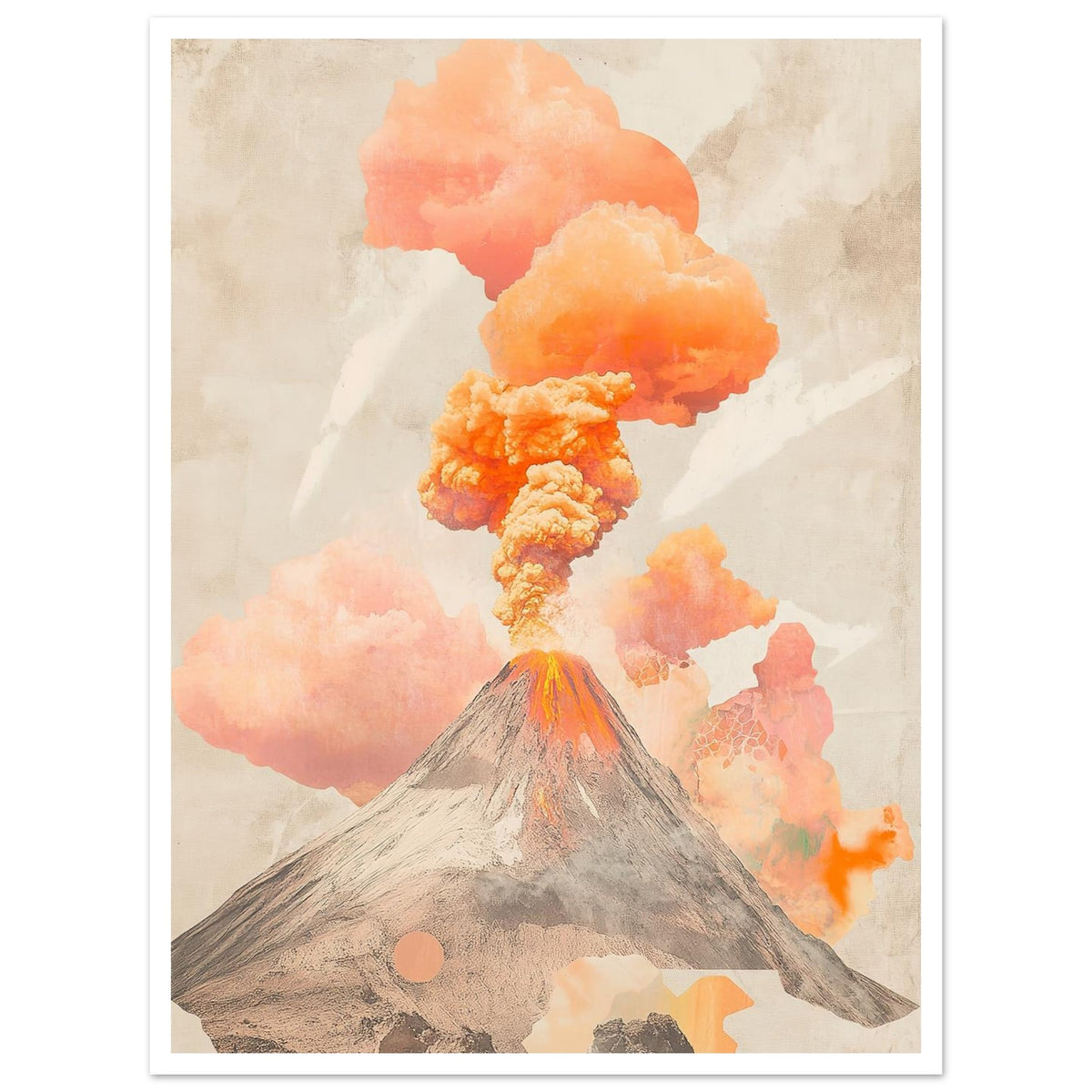 Volcano with orange smoke art print, unframed, 45x60 cm