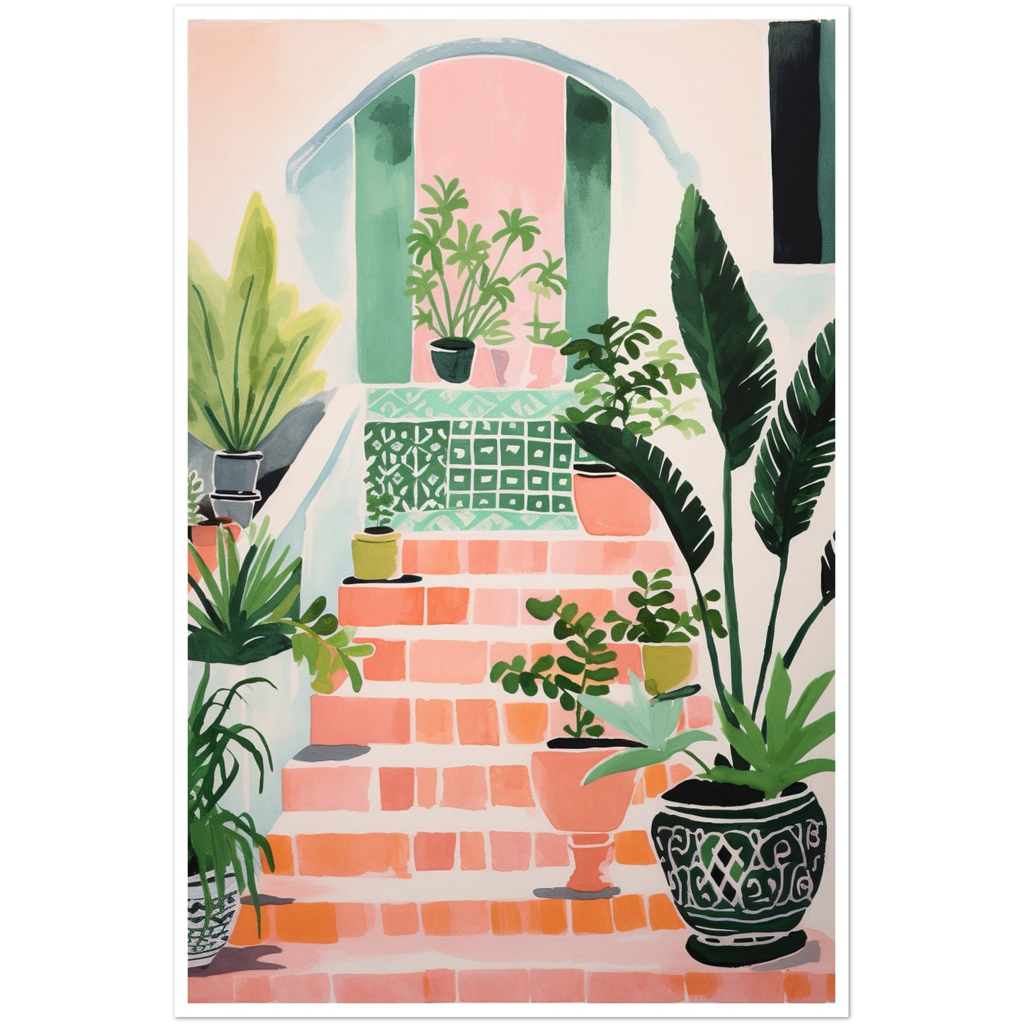 Mediterranean Stairs and Vibrant Potted Plants Wall Art Print