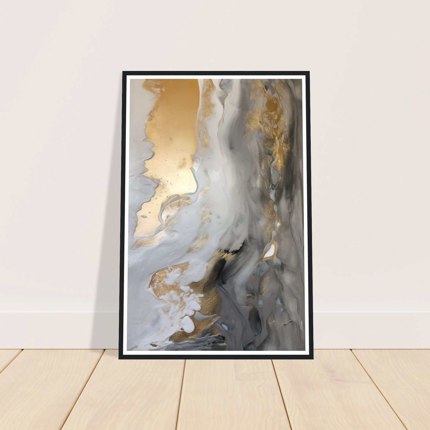 Fluid Melodies of Black, White, and Gold Abstract Wall Art Print