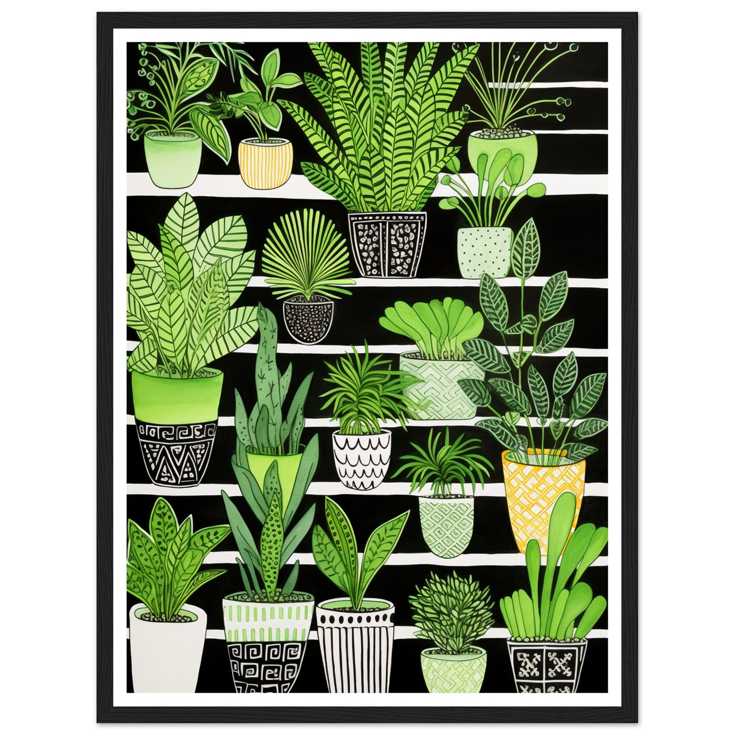 Vibrant Green House Plants in Monochrome Pots Wall Art Print