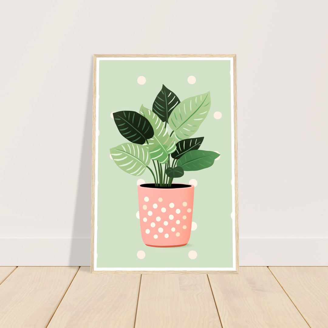 Playful Green House Plant in Pink Polka Dot Vase Wall Art Print