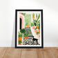 Whimsical Plants & Dog on Spanish Villa Stairs Wall Art Print