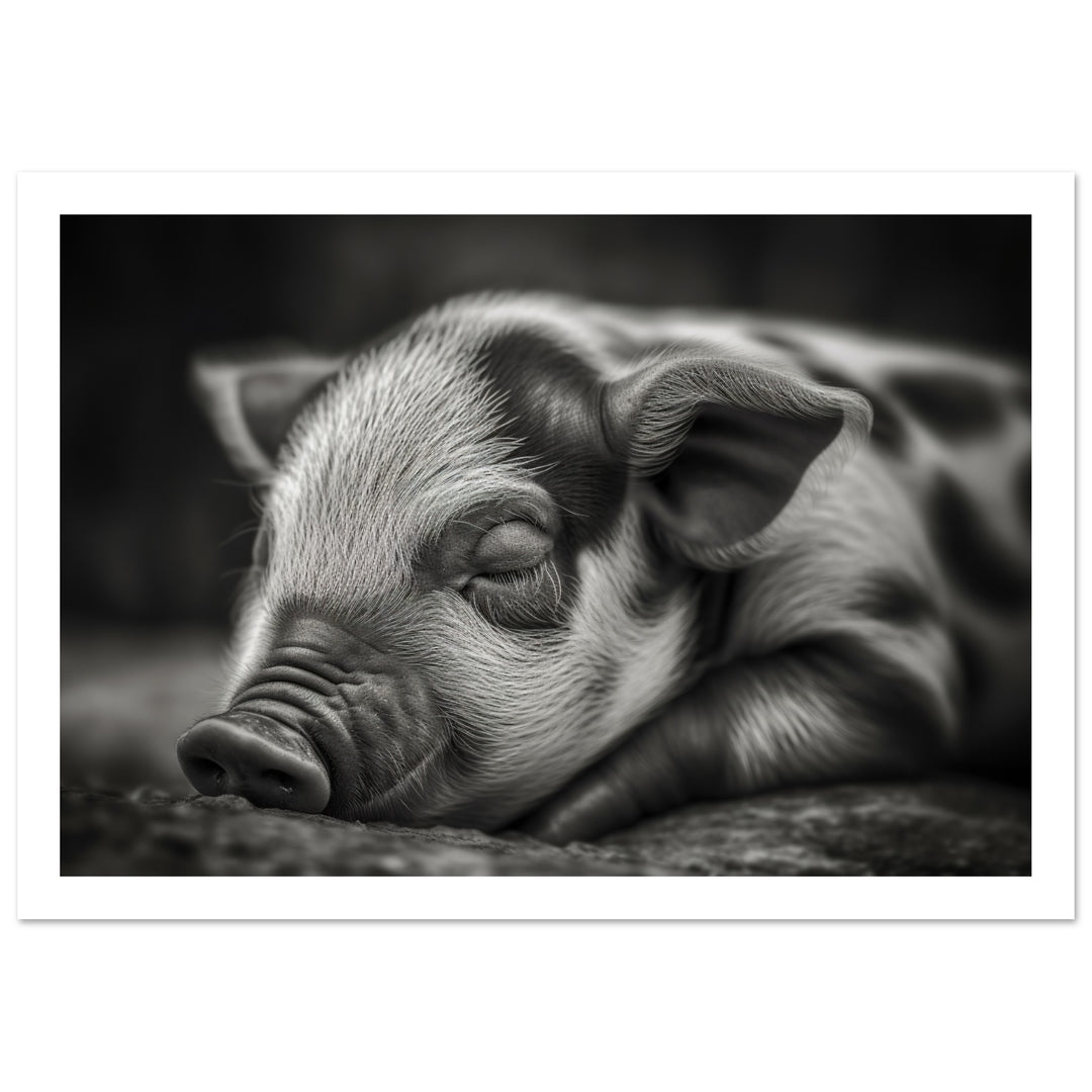 Black and White Sleeping Piglet Photograph Wall Art Print