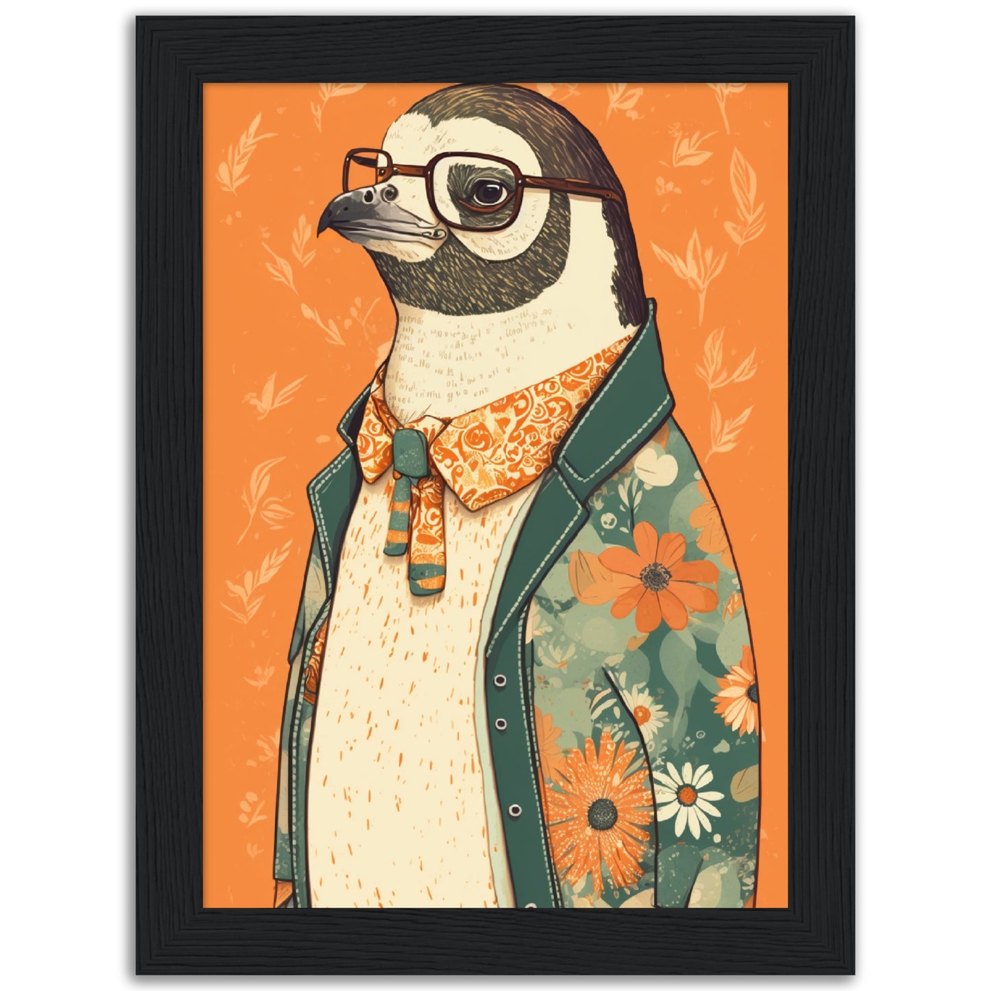 Penguin Chic Floral Jacket Illustration Wall Art Print