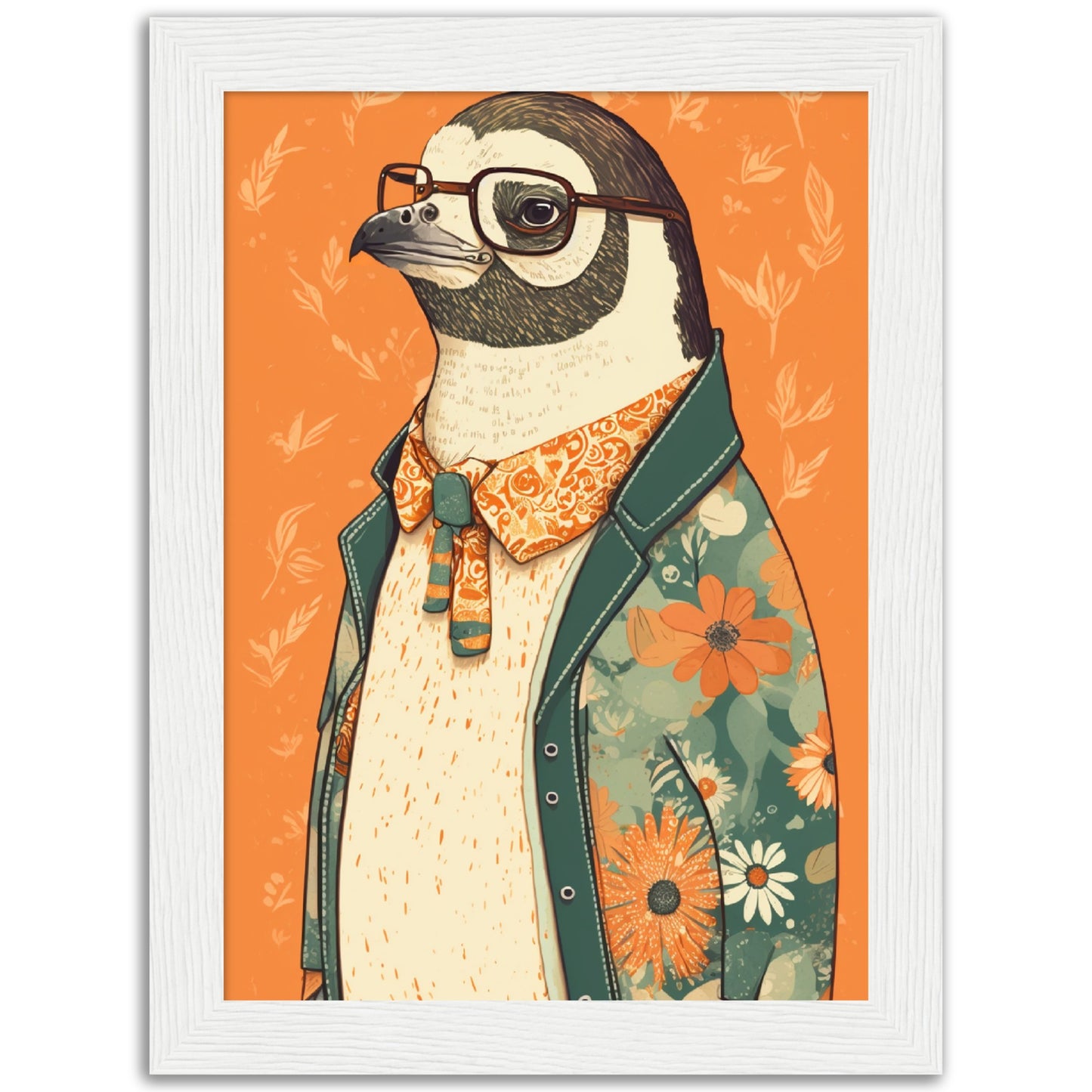 Penguin Chic Floral Jacket Illustration Wall Art Print