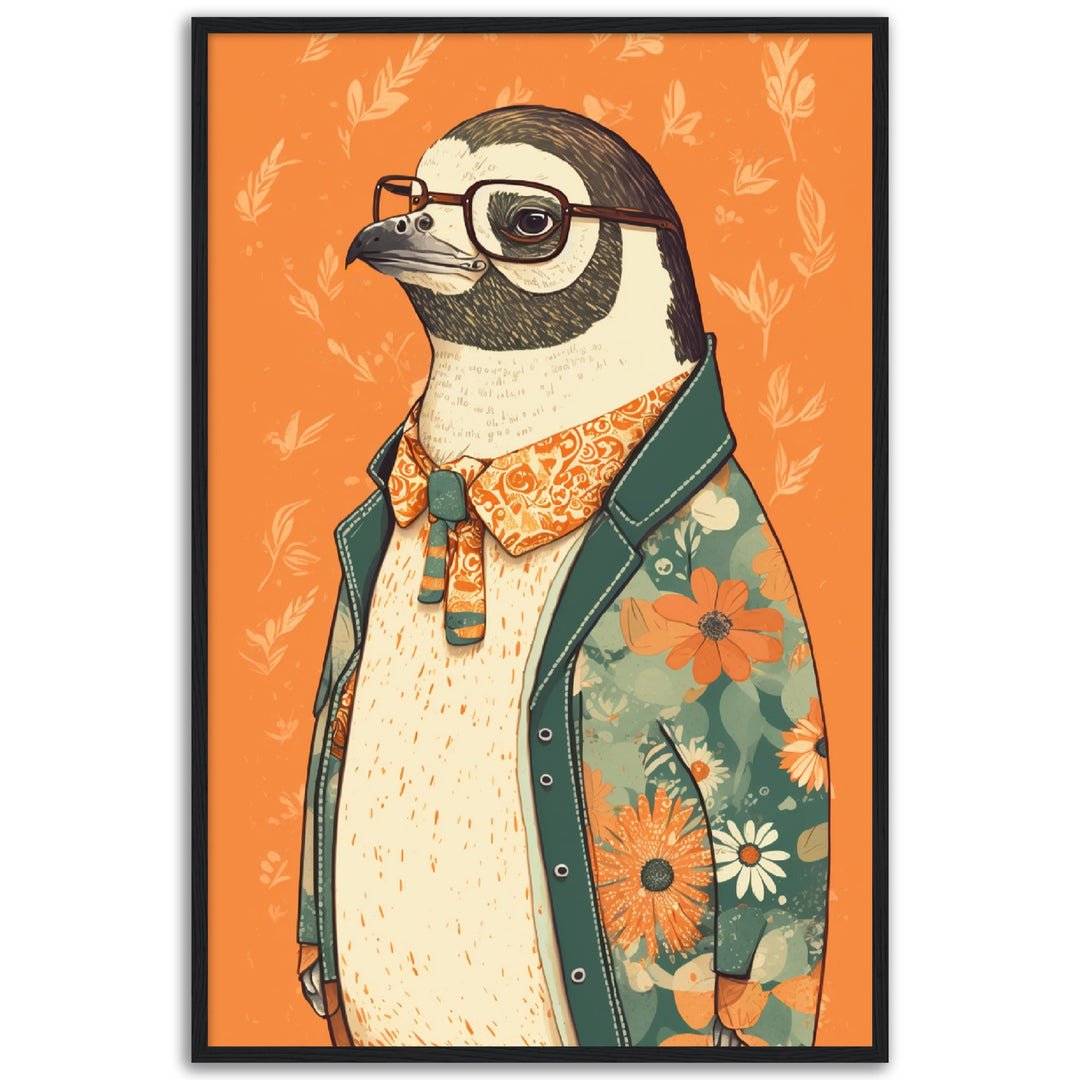 Penguin Chic Floral Jacket Illustration Wall Art Print
