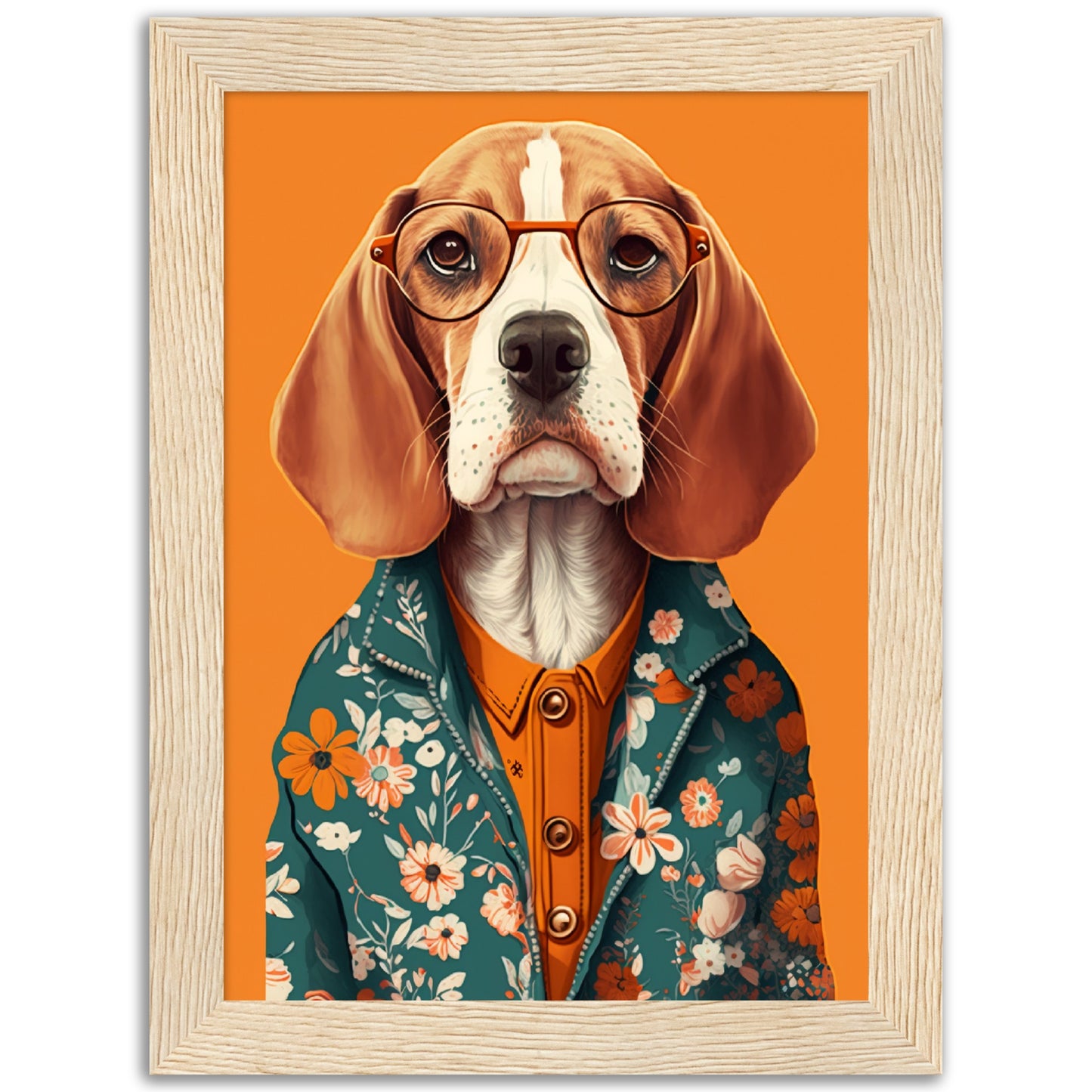 Fashionable Floral Beagle Dog Illustration Wall Art Print