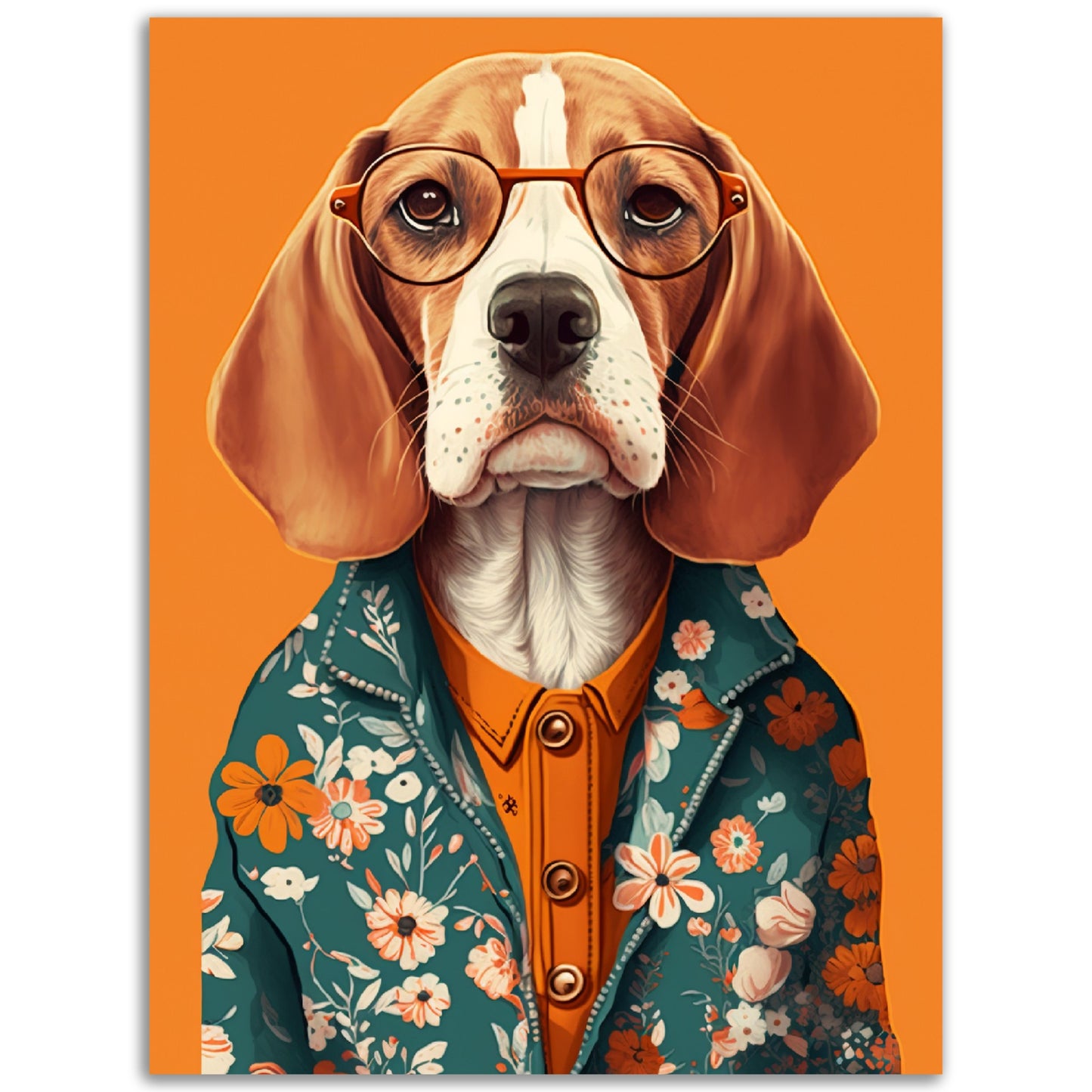 Fashionable Floral Beagle Dog Illustration Wall Art Print