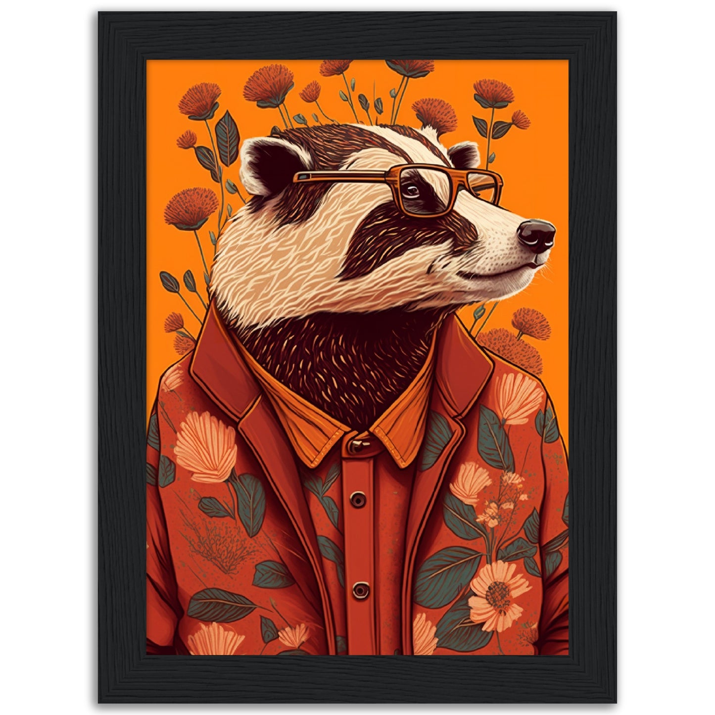 Charming Floral Badger Animal Portraiture Wall Art Print