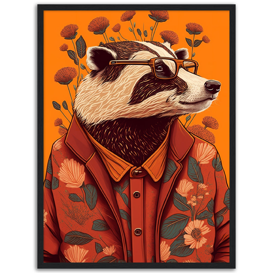 Charming Floral Badger Animal Portraiture Wall Art Print