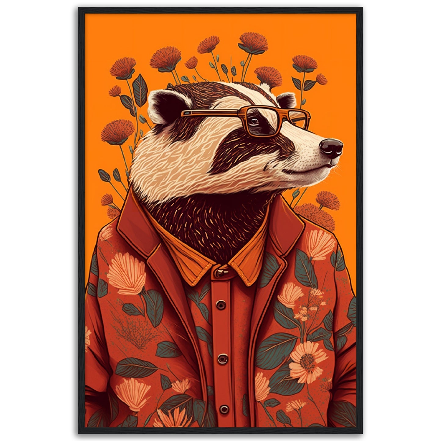 Charming Floral Badger Animal Portraiture Wall Art Print