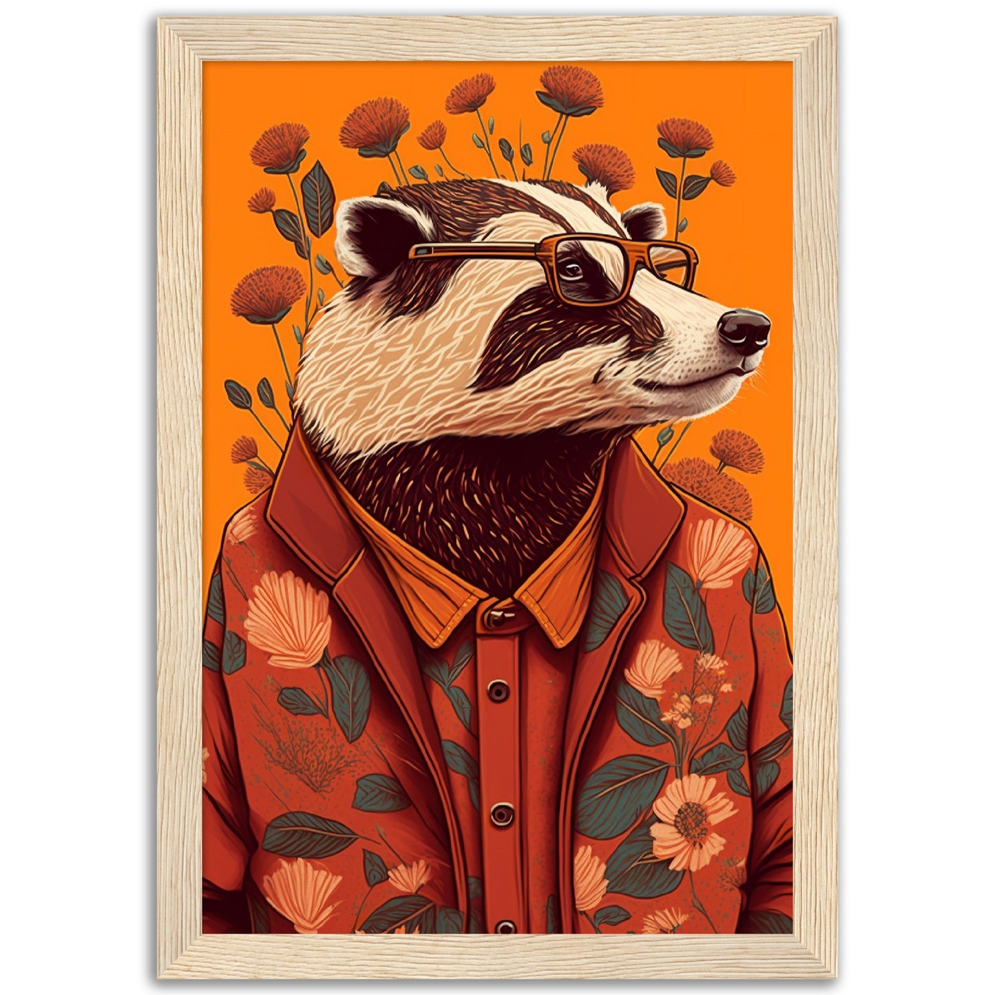 Charming Floral Badger Animal Portraiture Wall Art Print