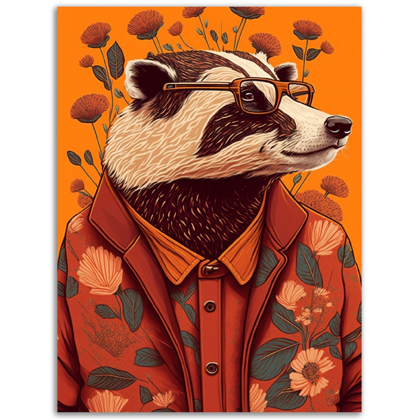 Charming Floral Badger Animal Portraiture Wall Art Print