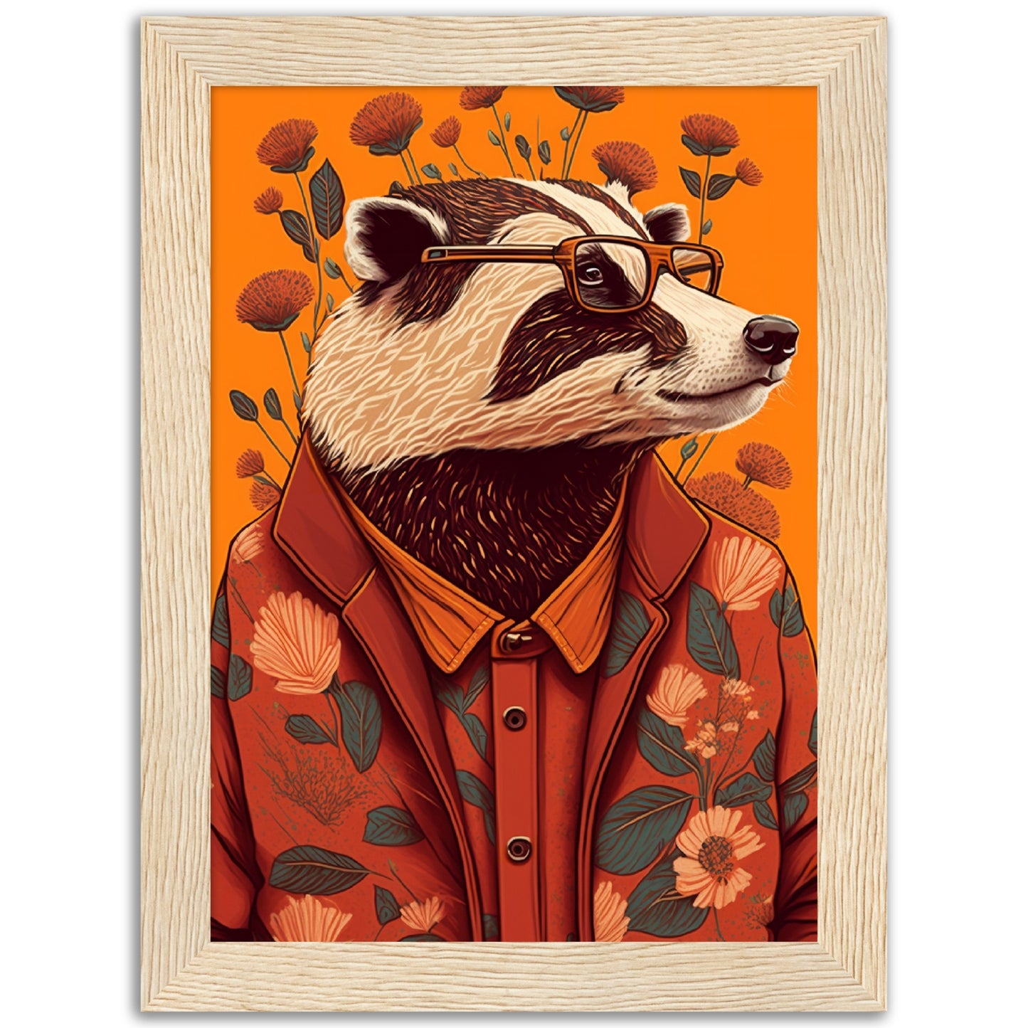 Charming Floral Badger Animal Portraiture Wall Art Print