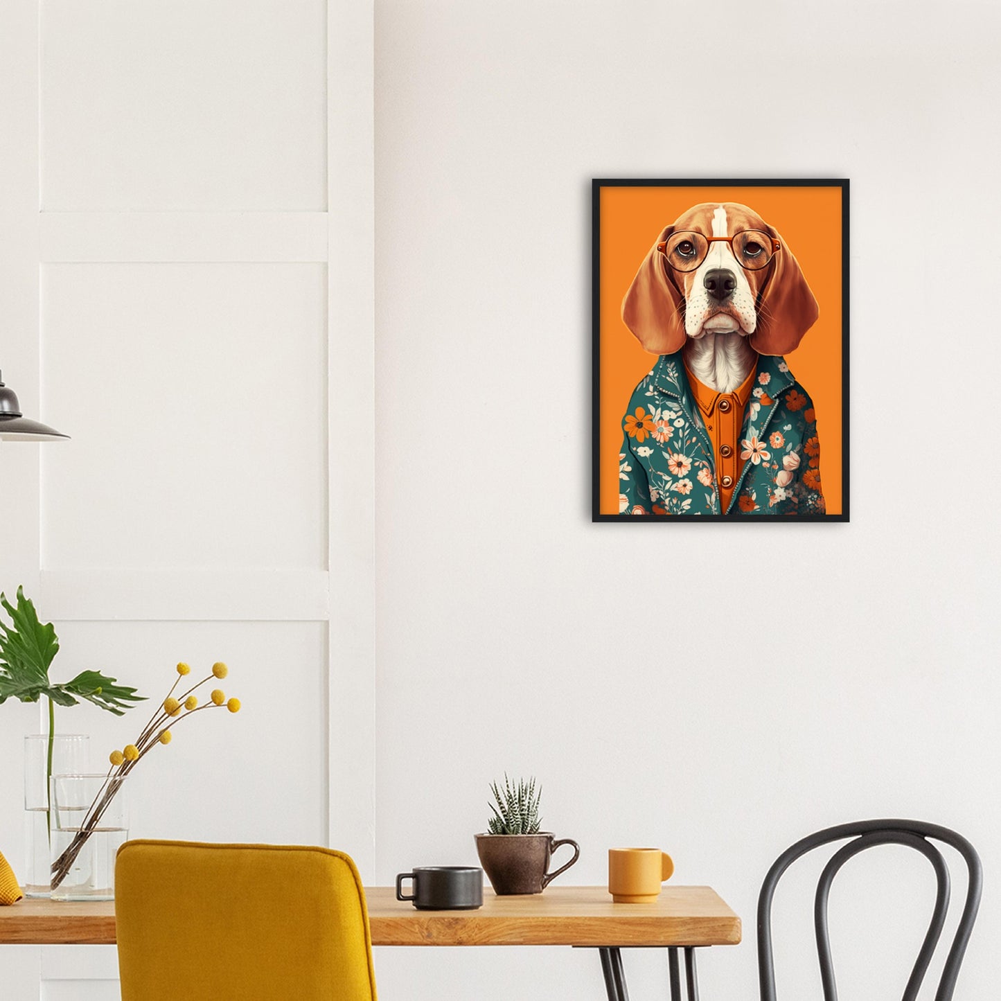 Fashionable Floral Beagle Dog Illustration Wall Art Print