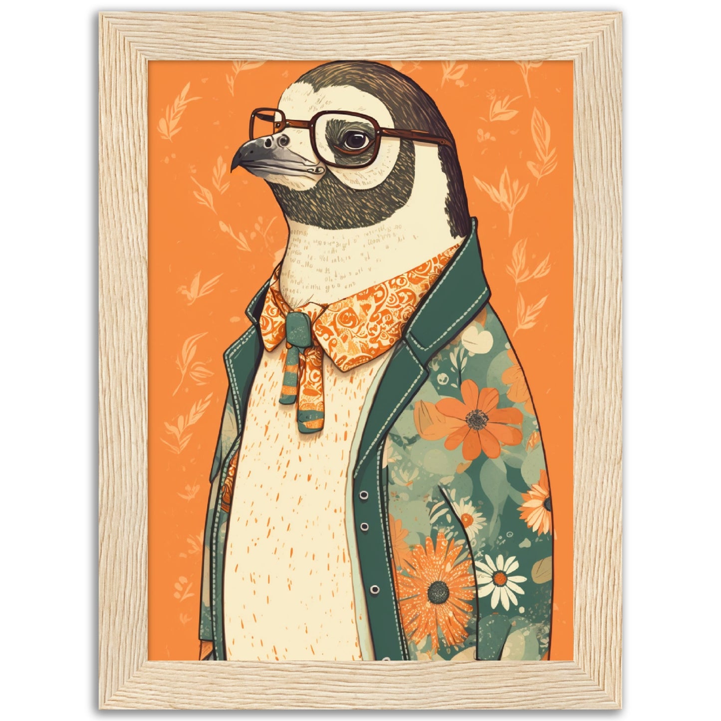 Penguin Chic Floral Jacket Illustration Wall Art Print