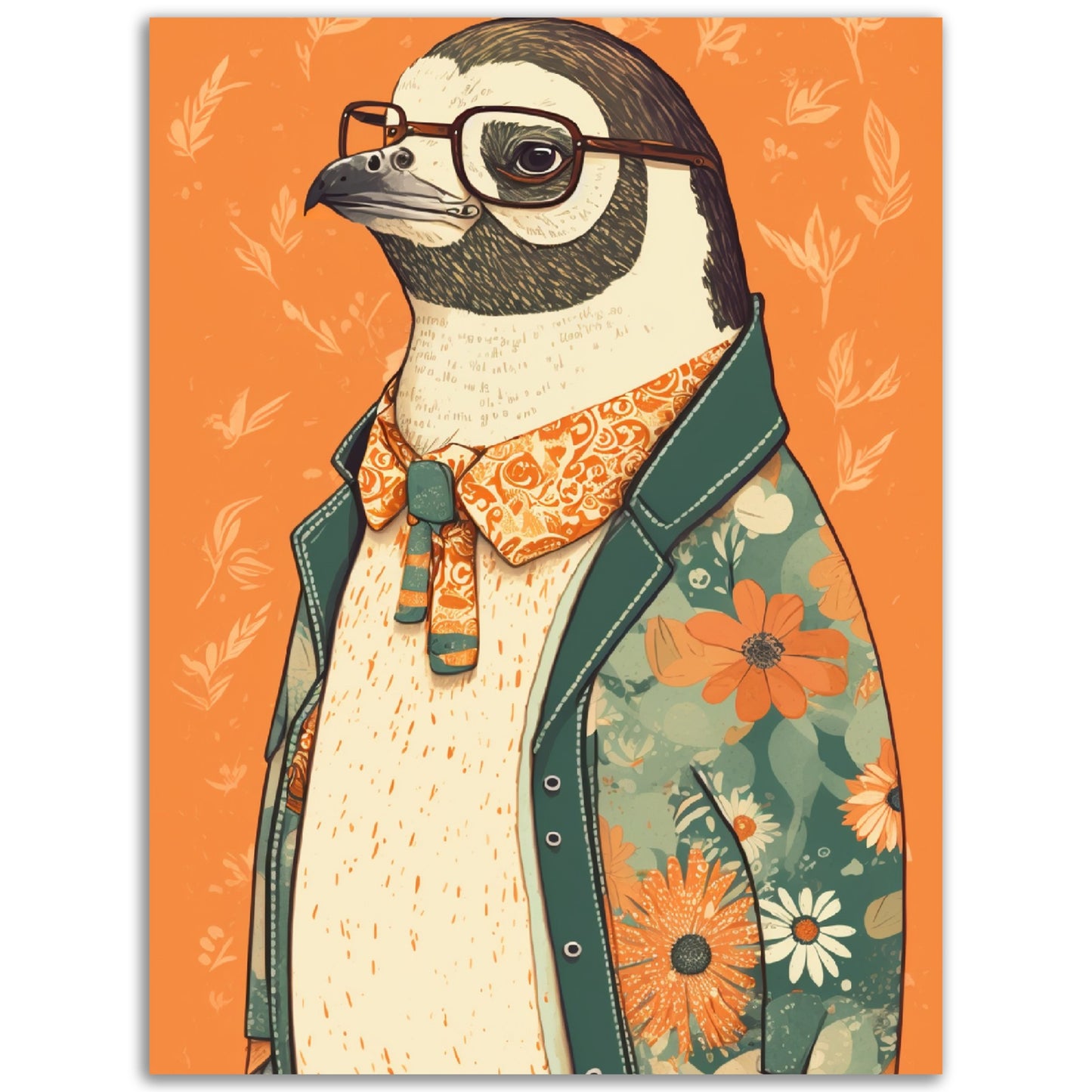 Penguin Chic Floral Jacket Illustration Wall Art Print