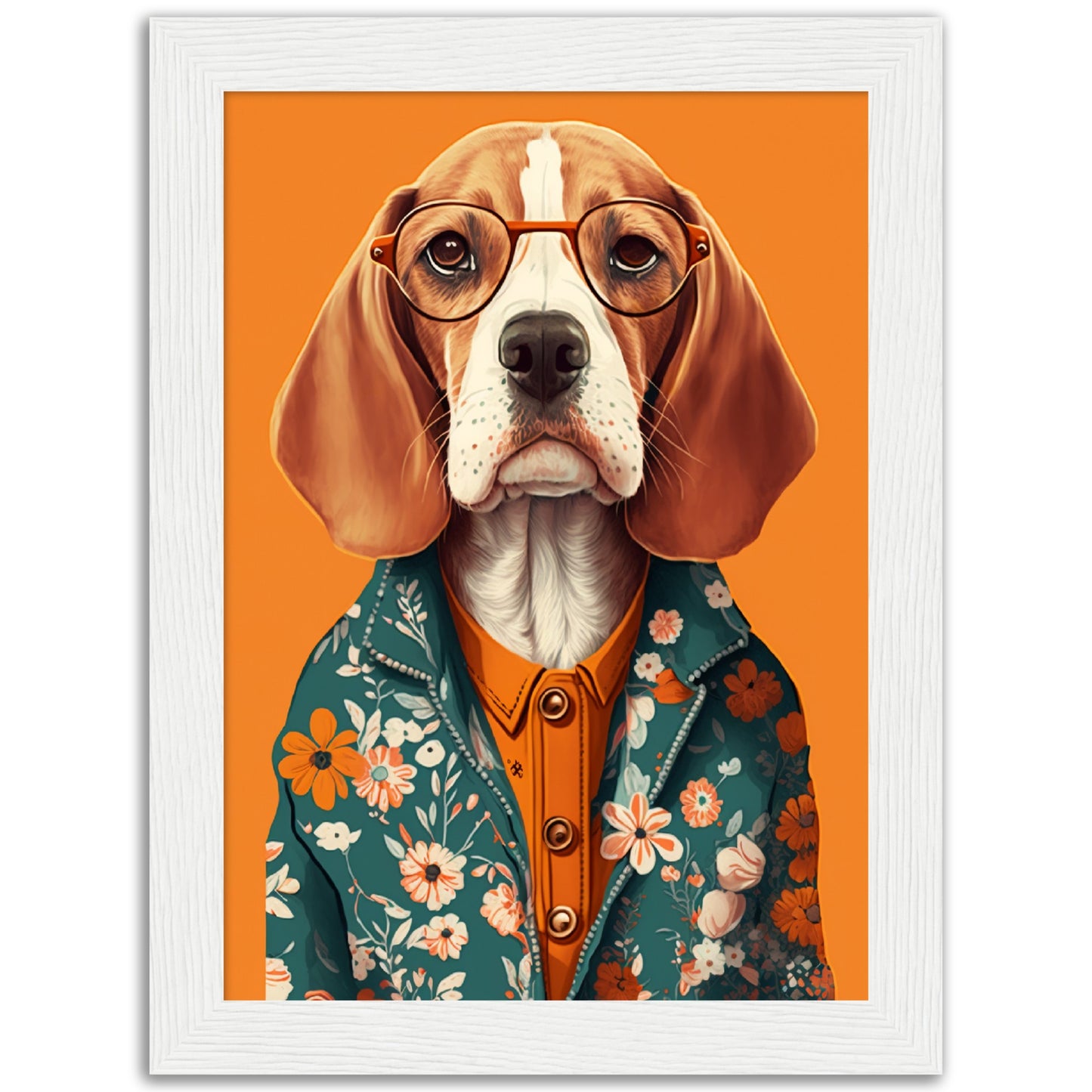 Fashionable Floral Beagle Dog Illustration Wall Art Print