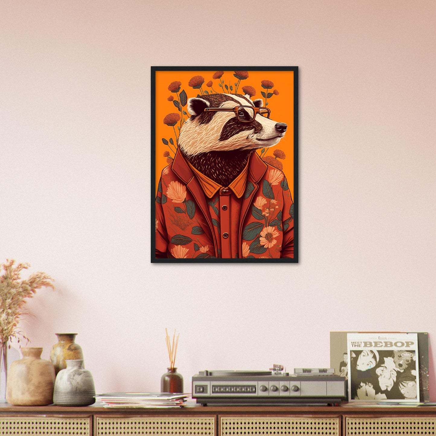 Charming Floral Badger Animal Portraiture Wall Art Print